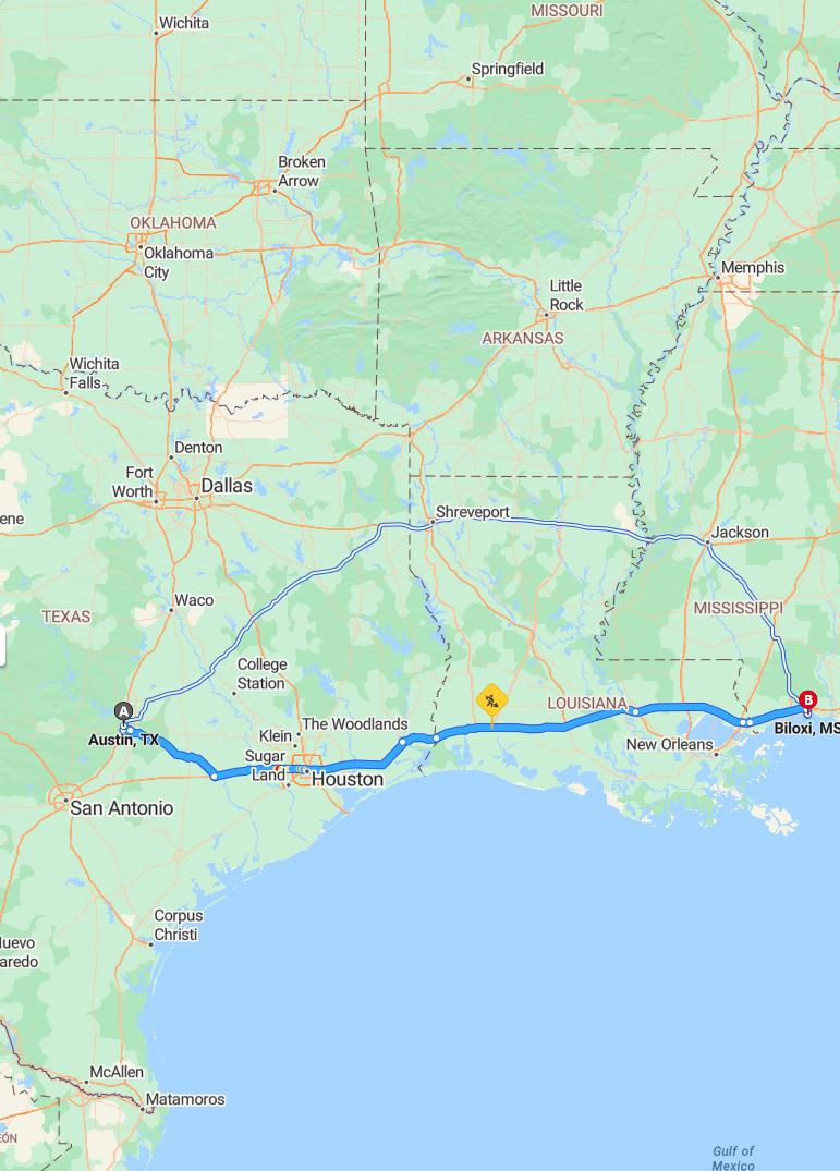 driving from Austin, Texas to BiloxiMississippi - map and route