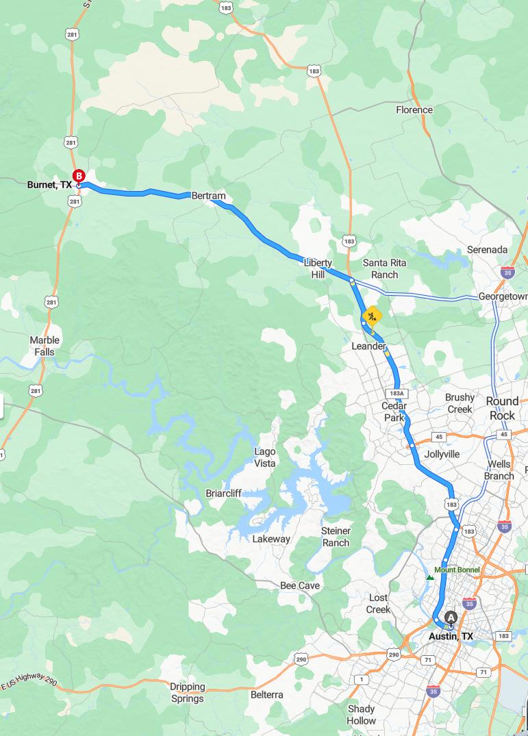 driving from Austin, Texas to BurnetTexas - map and route
