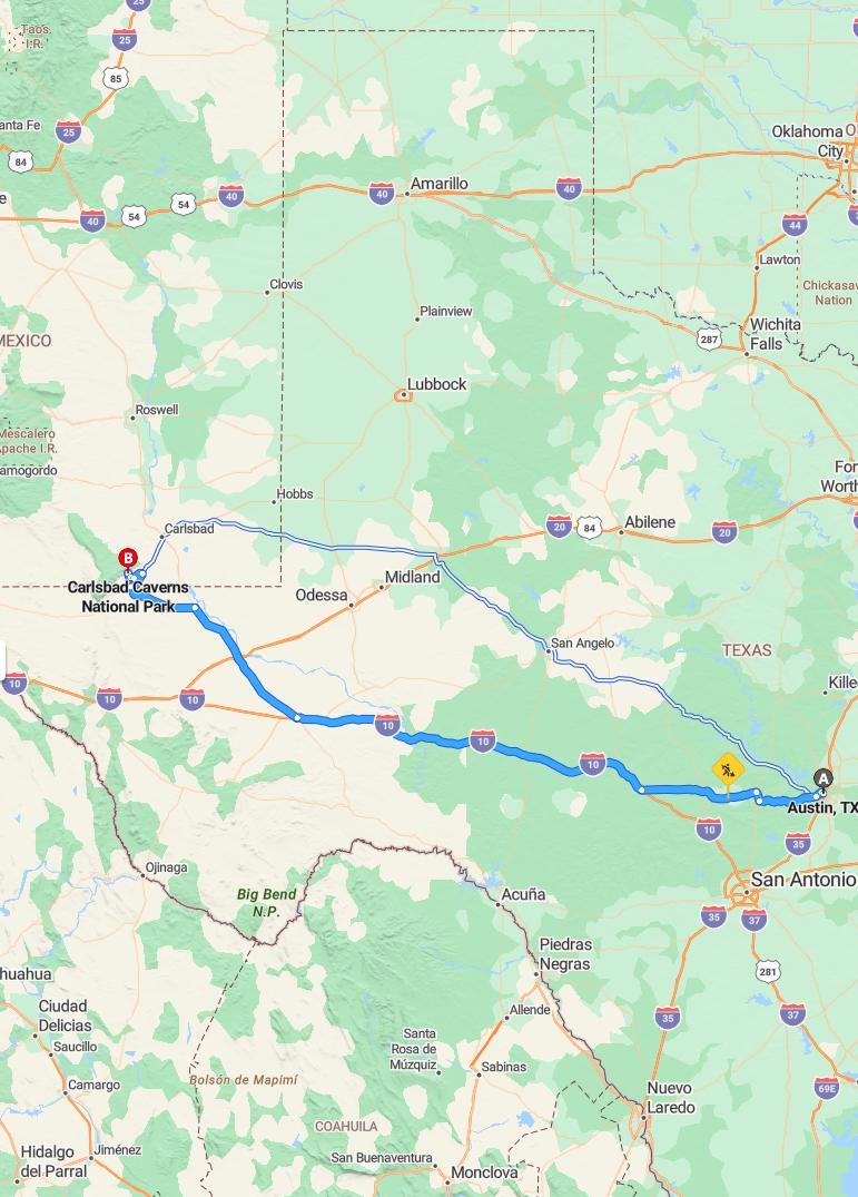 driving from Austin, Texas to Carlsbad CavernsNew Mexico - map and route