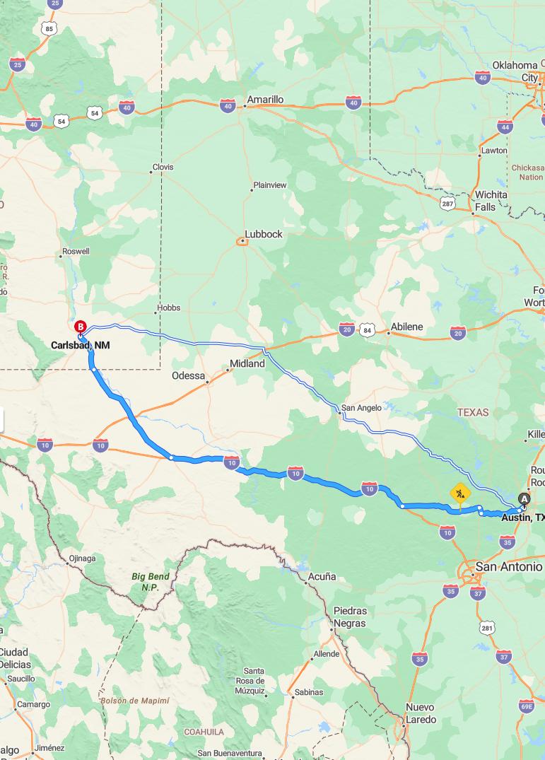 driving from Austin, Texas to CarlsbadNew Mexico - map and route