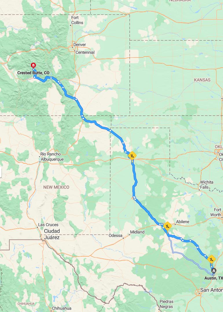 driving from Austin, Texas to Crested ButteColorado - map and route
