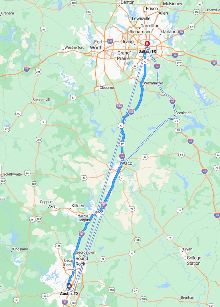 driving from Austin, Texas to DallasTexas - map and route