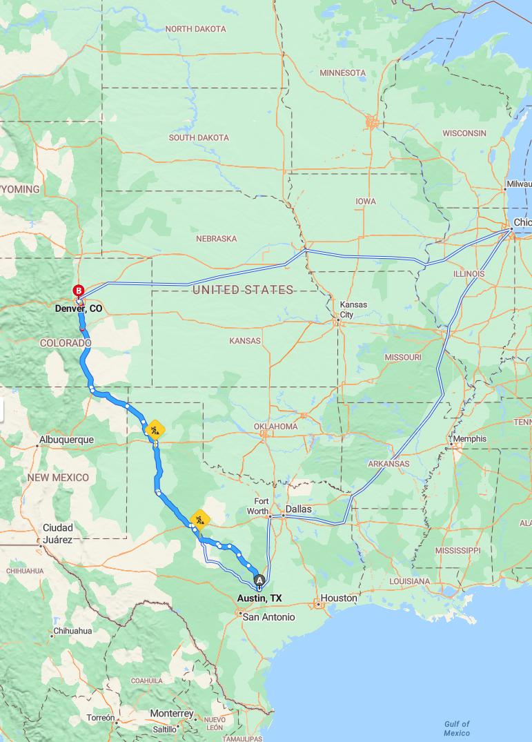 driving from Austin, Texas to DenverColorado - map and route