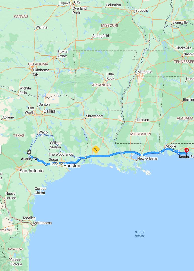 driving from Austin, Texas to DestinFlorida - map and route