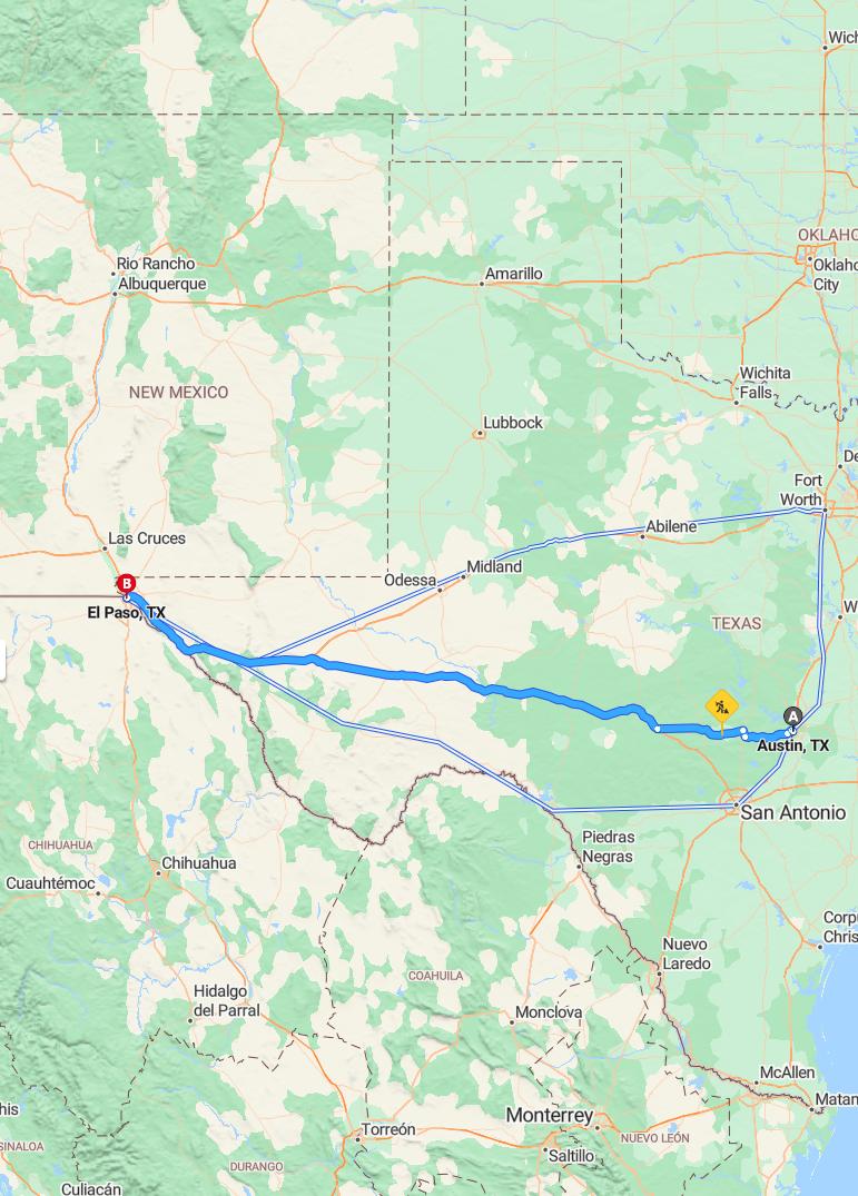 driving from Austin, Texas to El PasoTexas - map and route