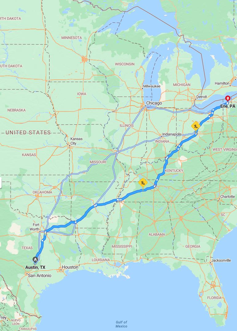 driving from Austin, Texas to EriePennsylvania - map and route