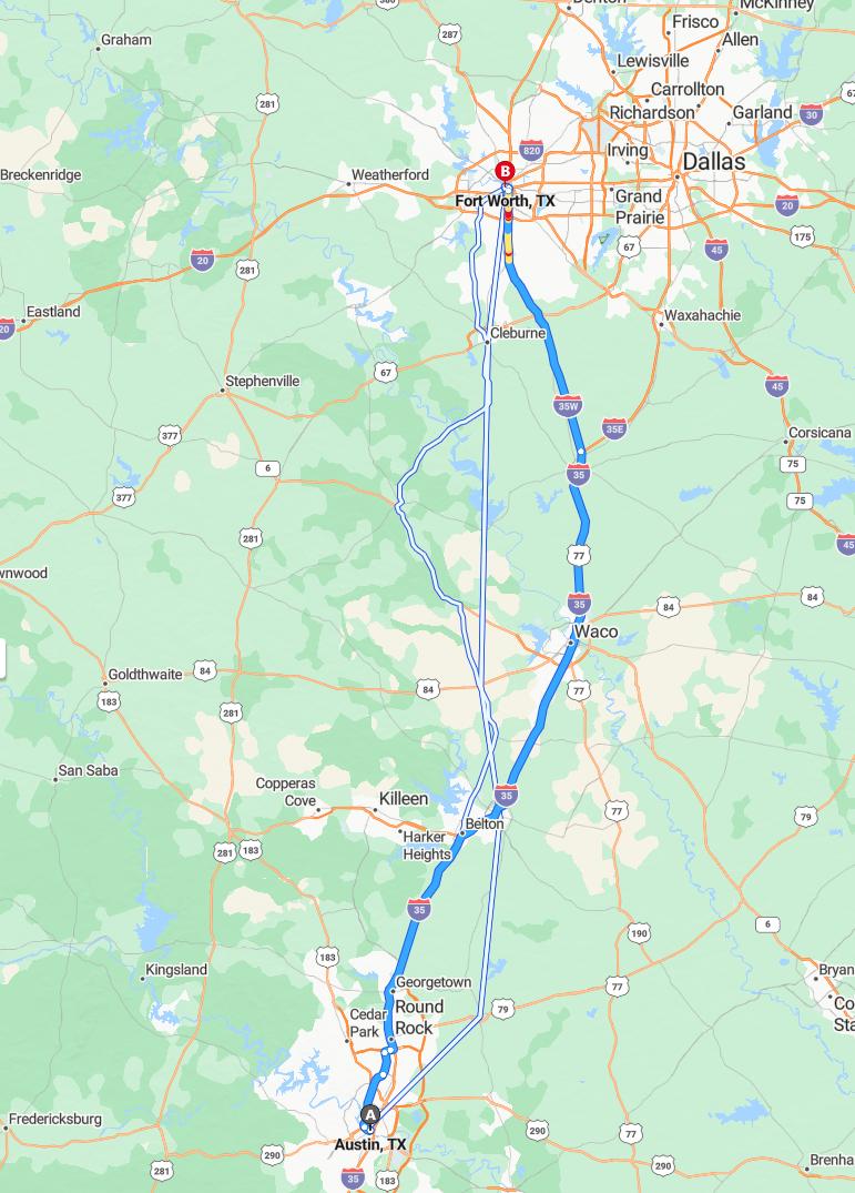 driving from Austin, Texas to Fort WorthTexas - map and route