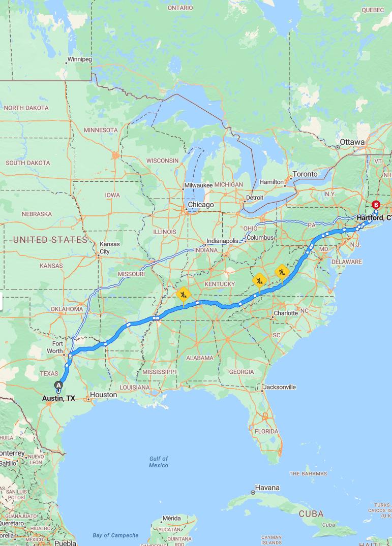 driving from Austin, Texas to HartfordConnecticut - map and route