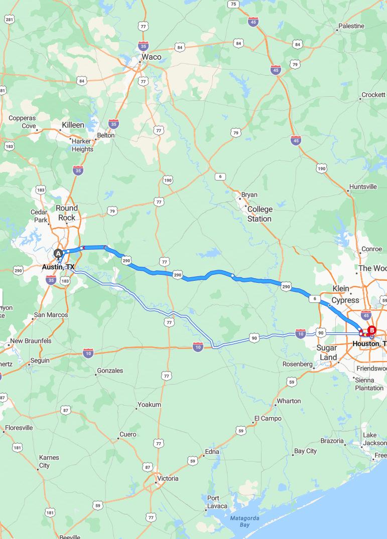 driving from Austin, Texas to HoustonTexas - map and route