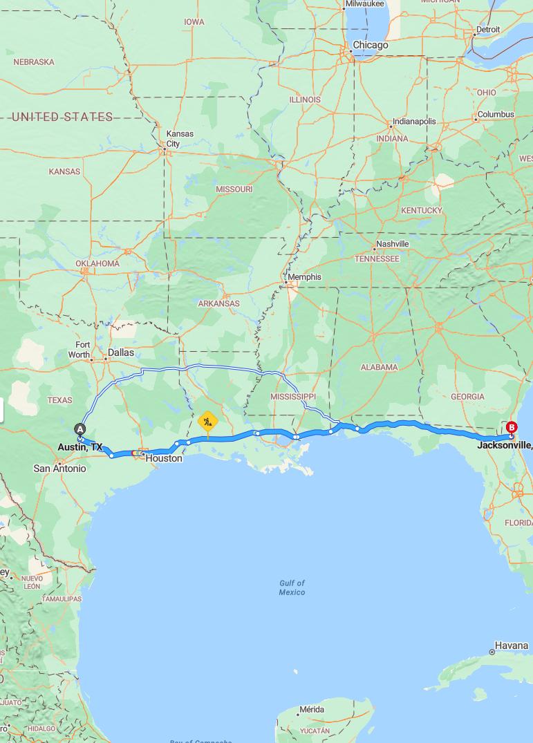 driving from Austin, Texas to JacksonvilleFlorida - map and route