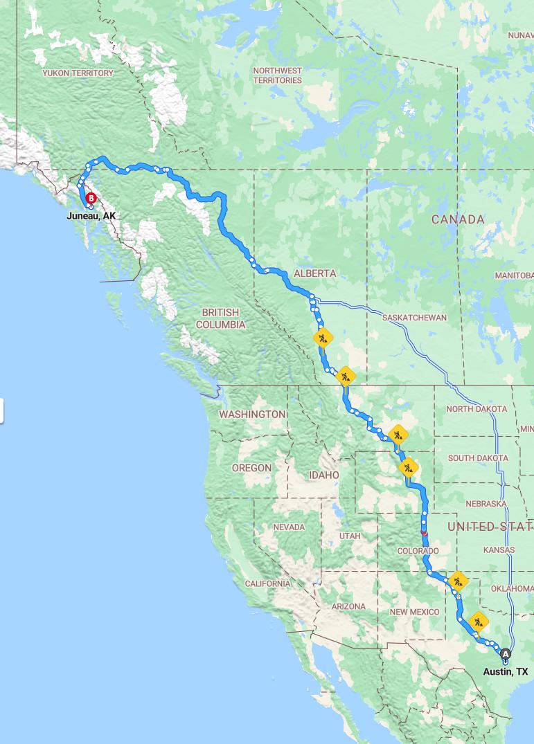 driving from Austin, Texas to JuneauAlaska - map and route