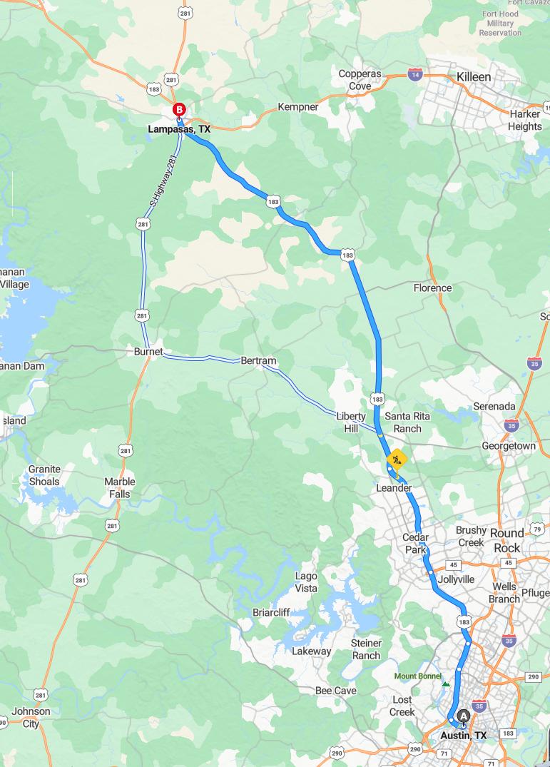 driving from Austin, Texas to LampasasTexas - map and route