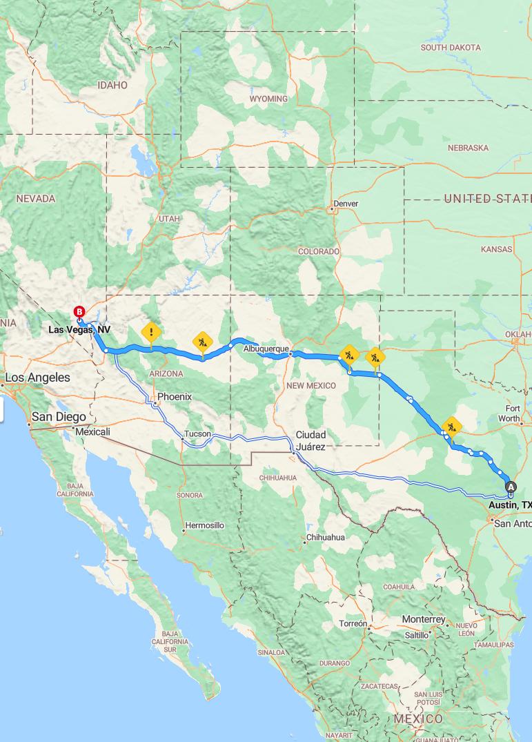 driving from Austin, Texas to Las VegasNevada - map and route