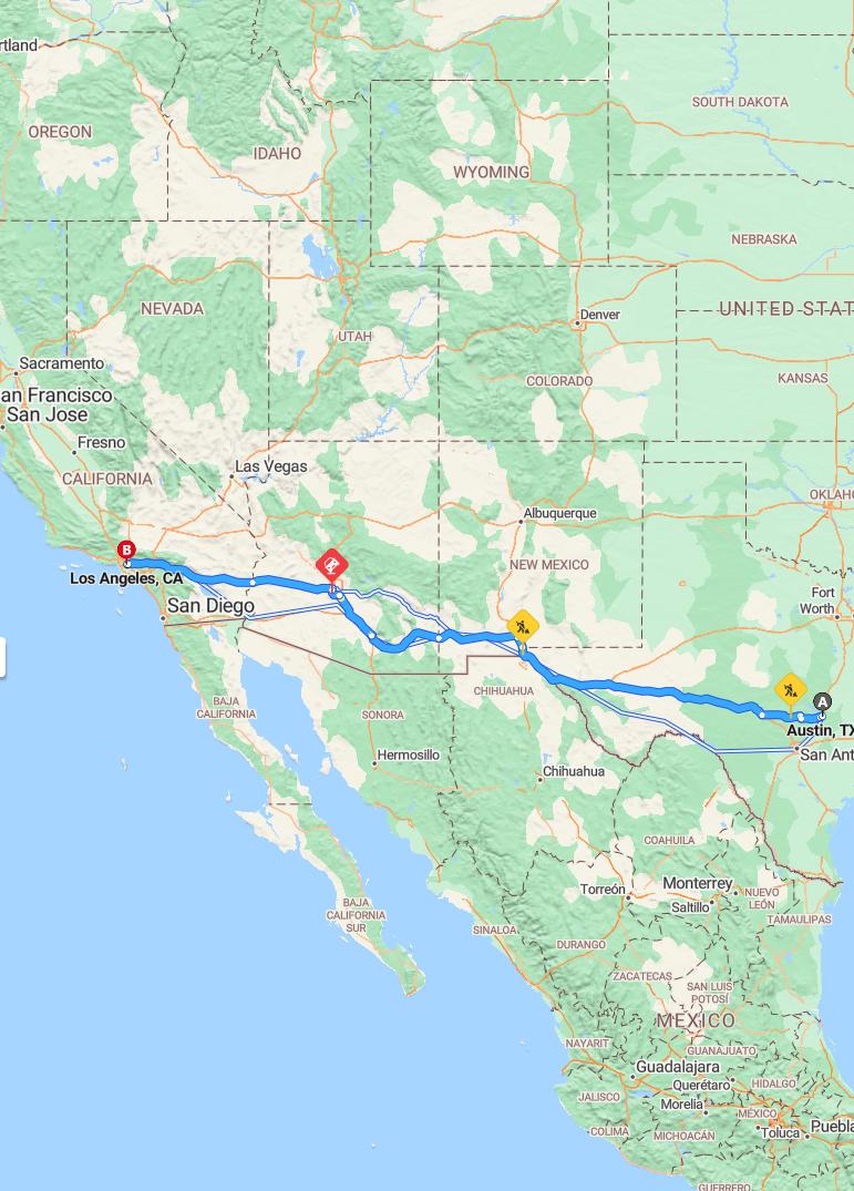 driving from Austin, Texas to Los AngelesCalifornia - map and route