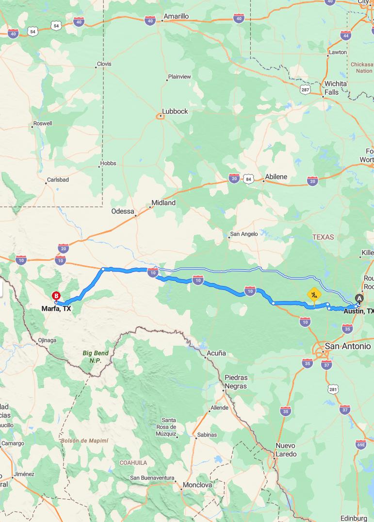 driving from Austin, Texas to MarfaTexas - map and route