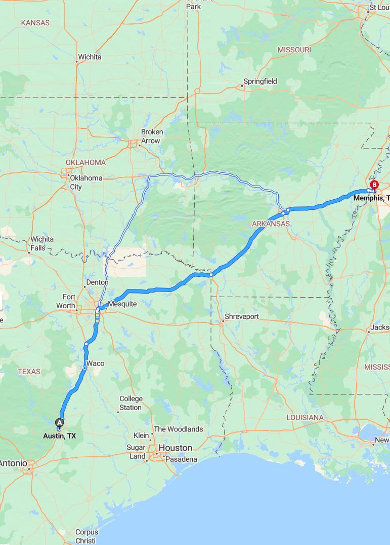 driving from Austin, Texas to MemphisTennessee - map and route