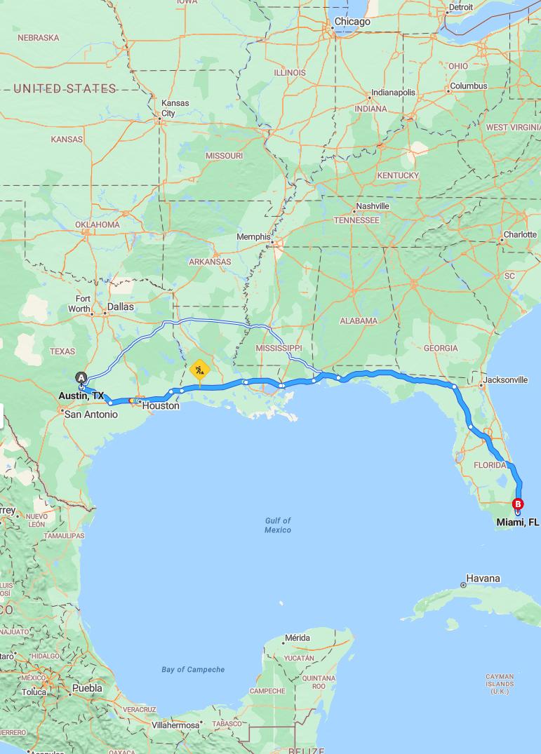 driving from Austin, Texas to MiamiFlorida - map and route