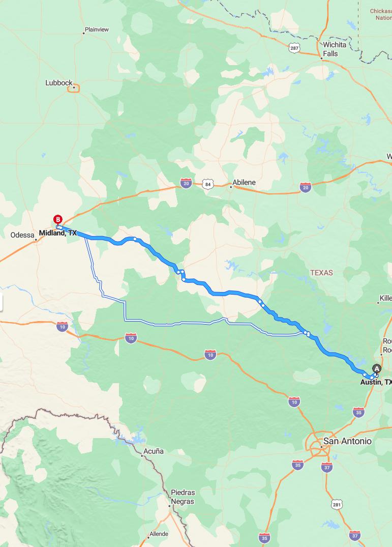 driving from Austin, Texas to MidlandTexas - map and route