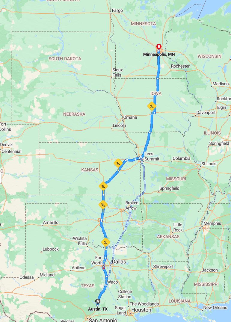 driving from Austin, Texas to MinneapolisMinnesota - map and route