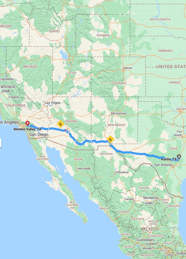 driving from Austin, Texas to Moreno ValleyCalifornia - map and route