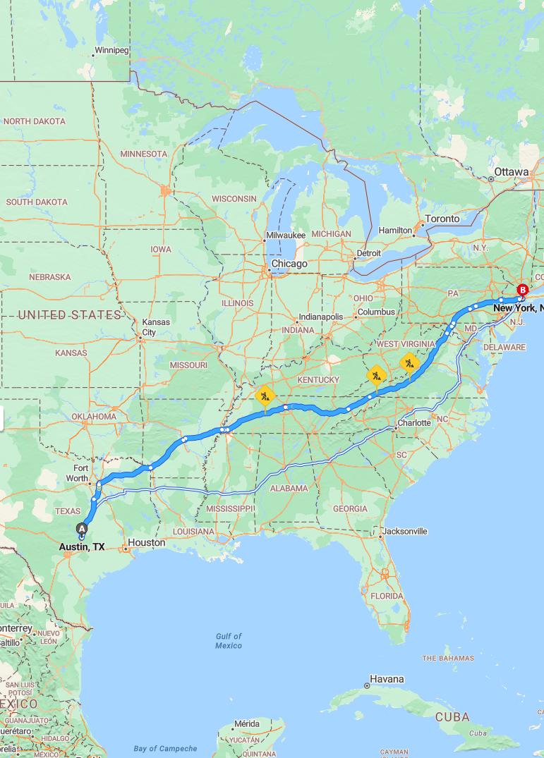 driving from Austin, Texas to New York CityNew York - map and route