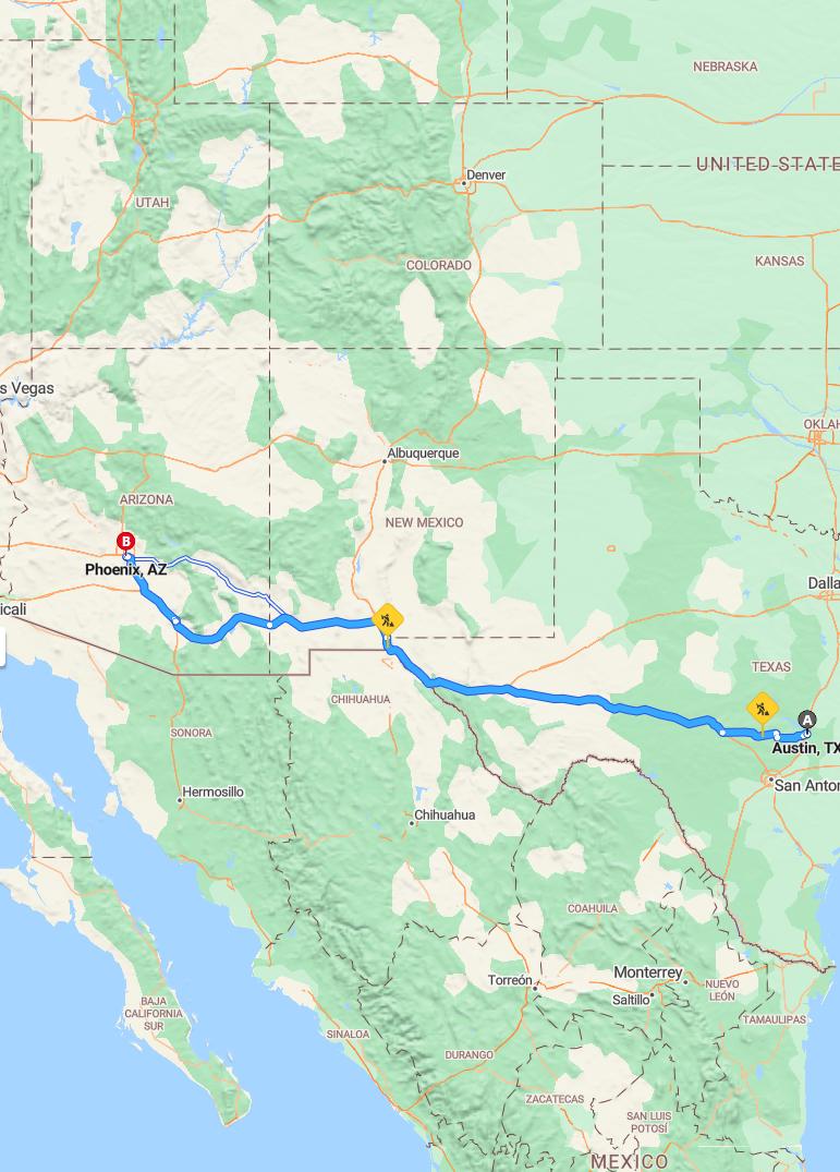 driving from Austin, Texas to PhoenixArizona - map and route