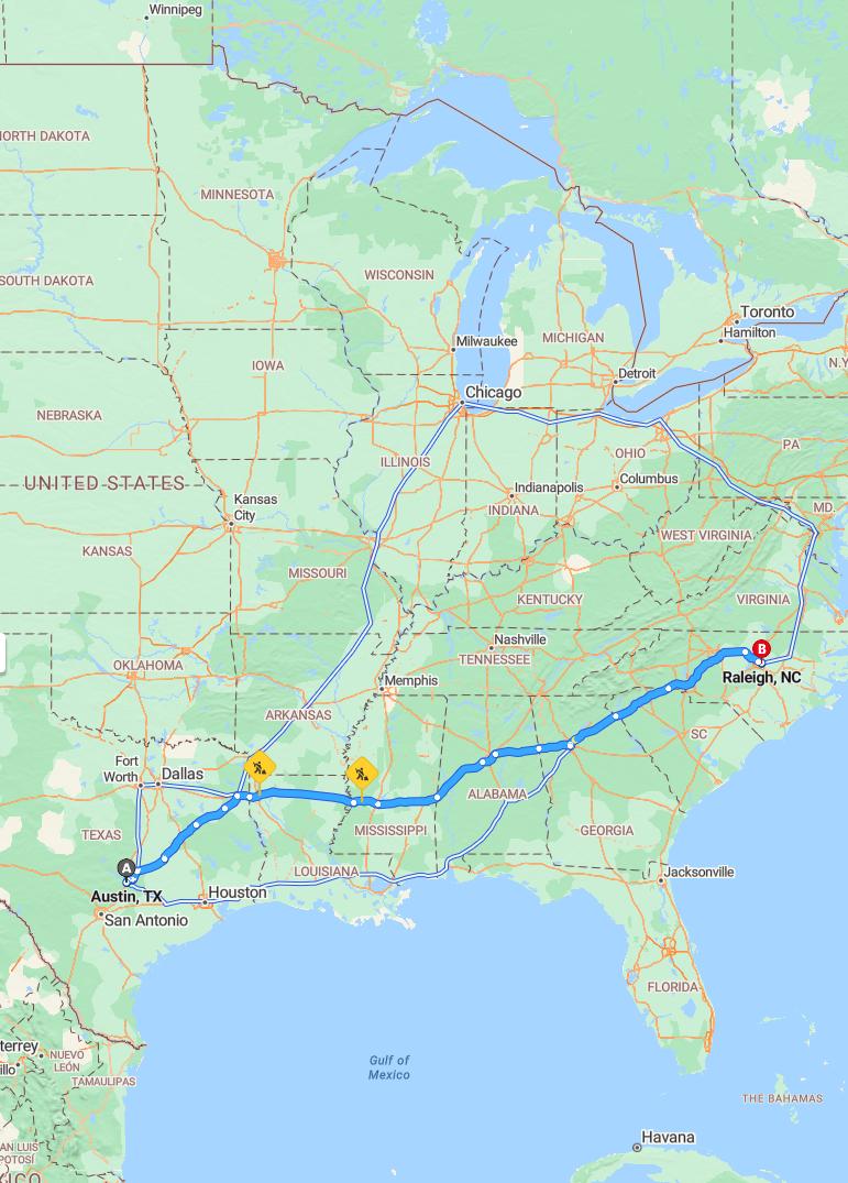 driving from Austin, Texas to RaleighNorth Carolina - map and route