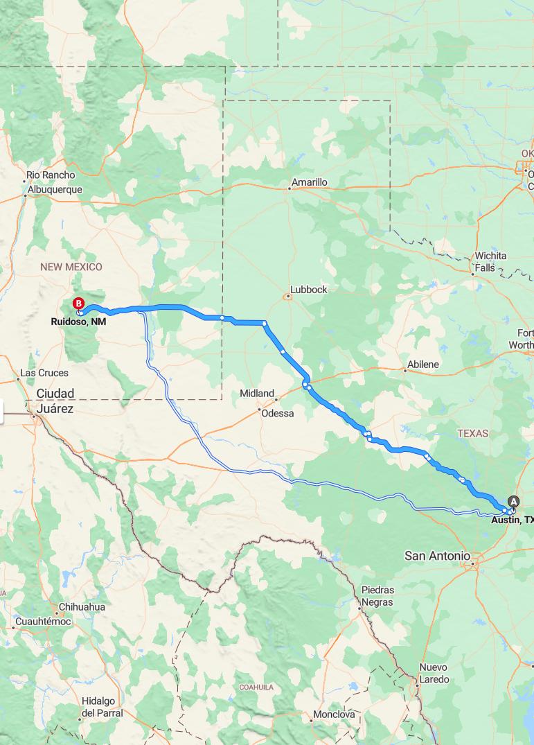 driving from Austin, Texas to RuidosoNew Mexico - map and route