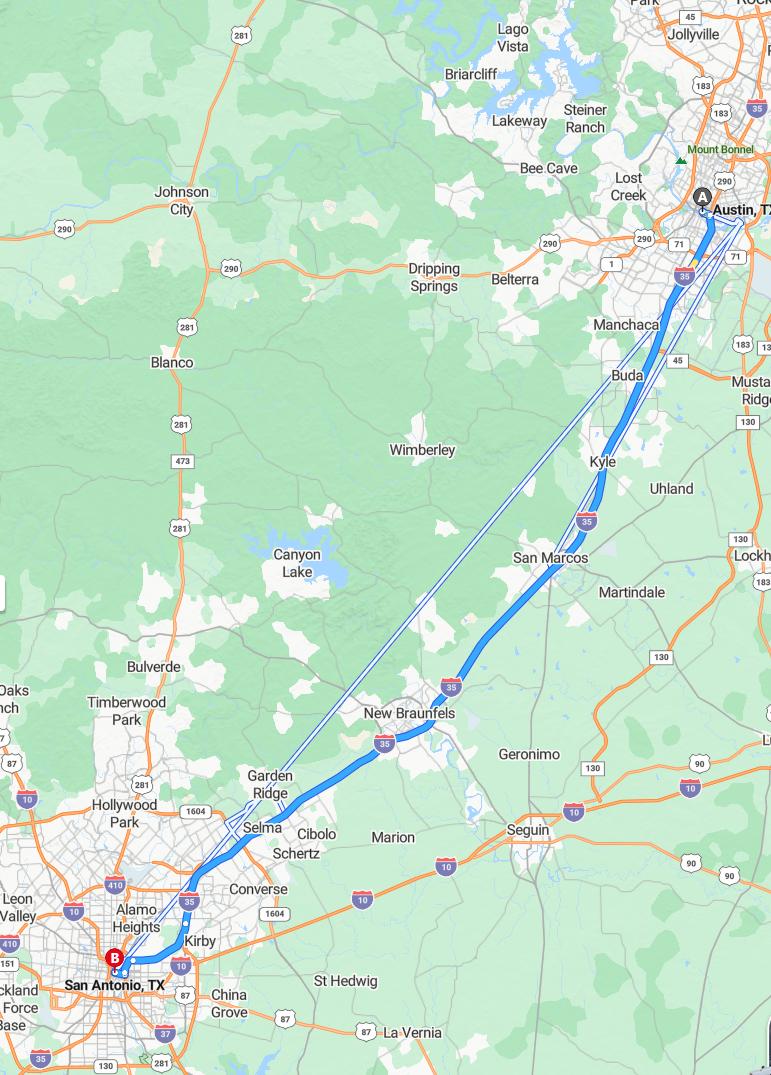 driving from Austin, Texas to San AntonioTexas - map and route