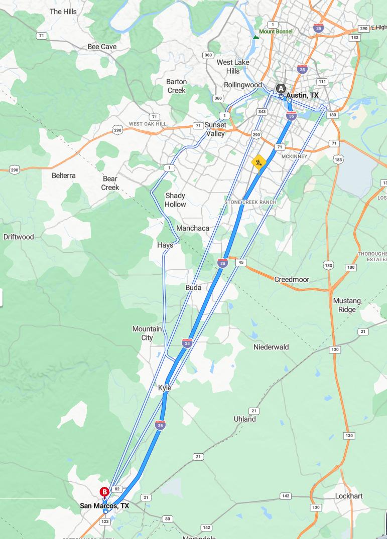 driving from Austin, Texas to San MarcosTexas - map and route