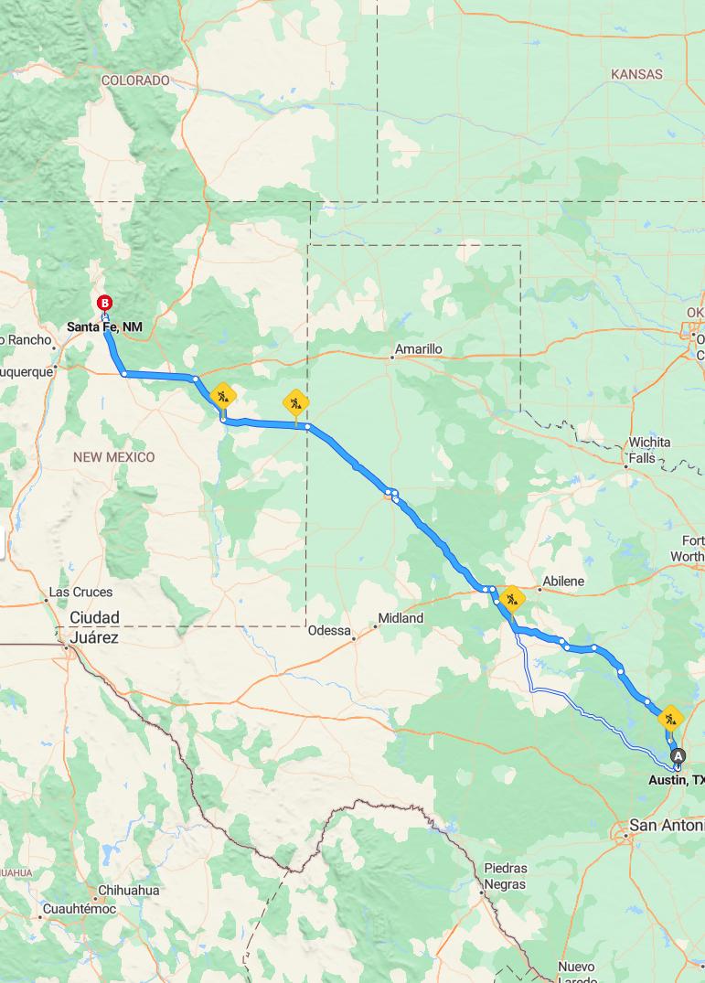 driving from Austin, Texas to Santa FeNew Mexico - map and route
