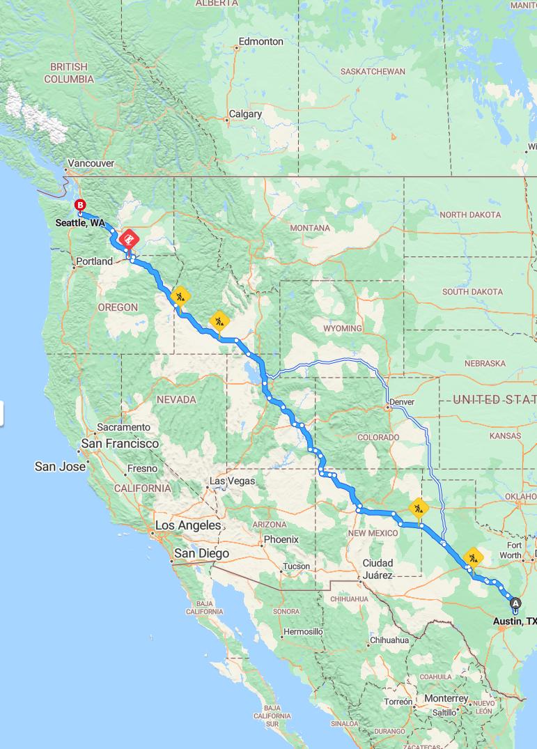 driving from Austin, Texas to SeattleWashington - map and route