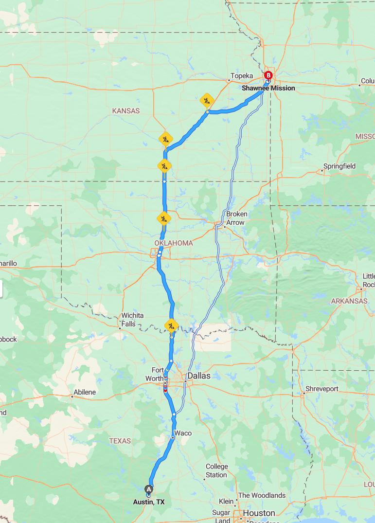 driving from Austin, Texas to Shawnee MissionKansas - map and route