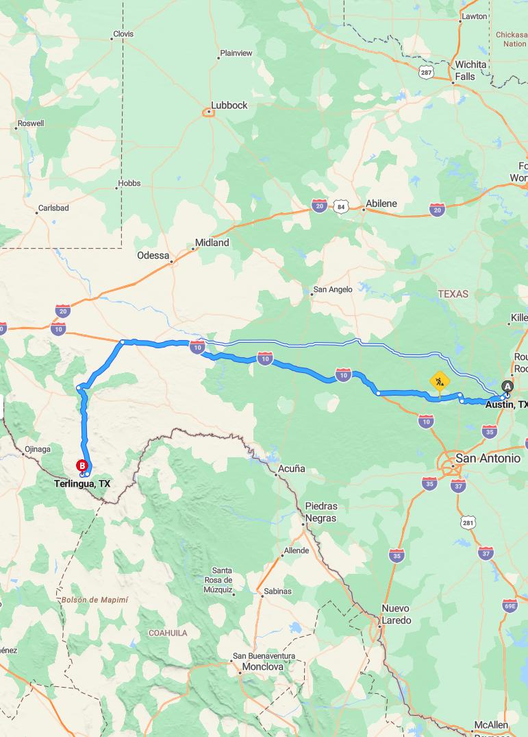 driving from Austin, Texas to TerlinguaTexas - map and route