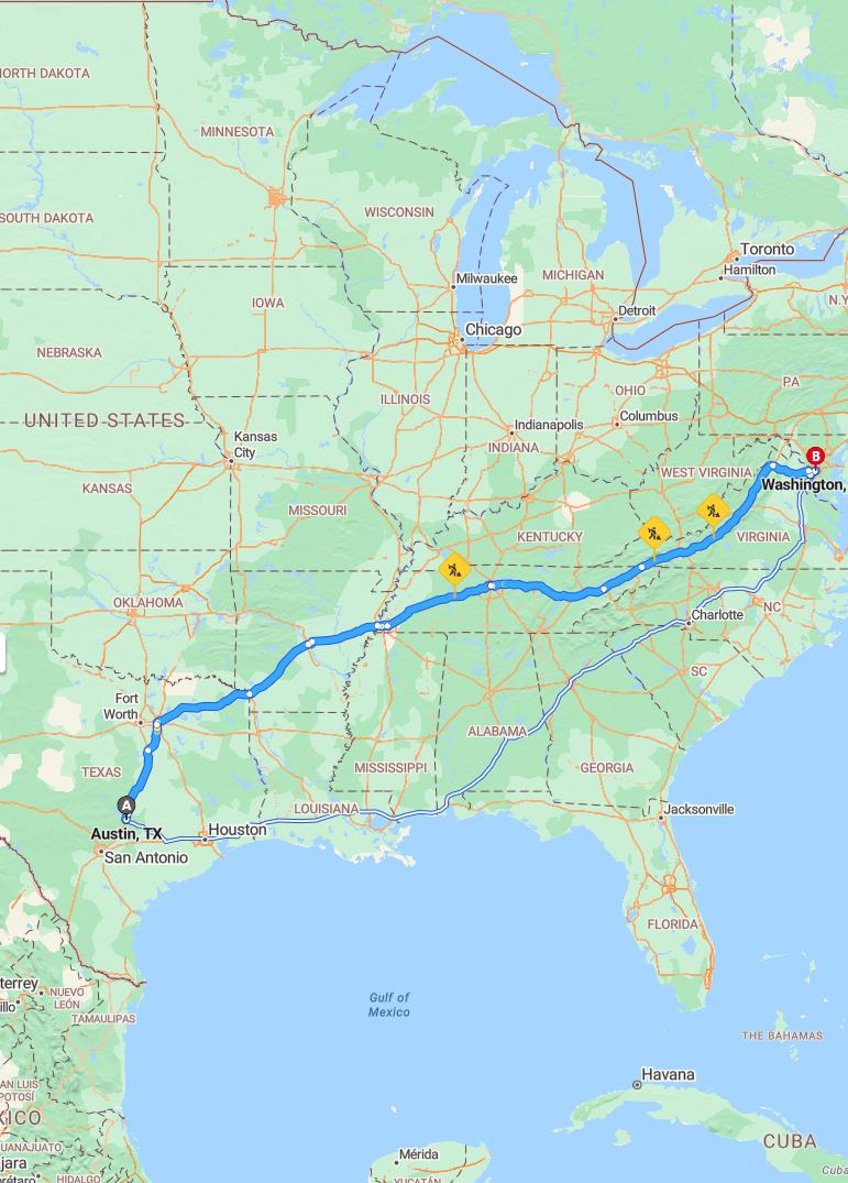 driving from Austin, Texas to WashingtonDistrict of Columbia - map and route