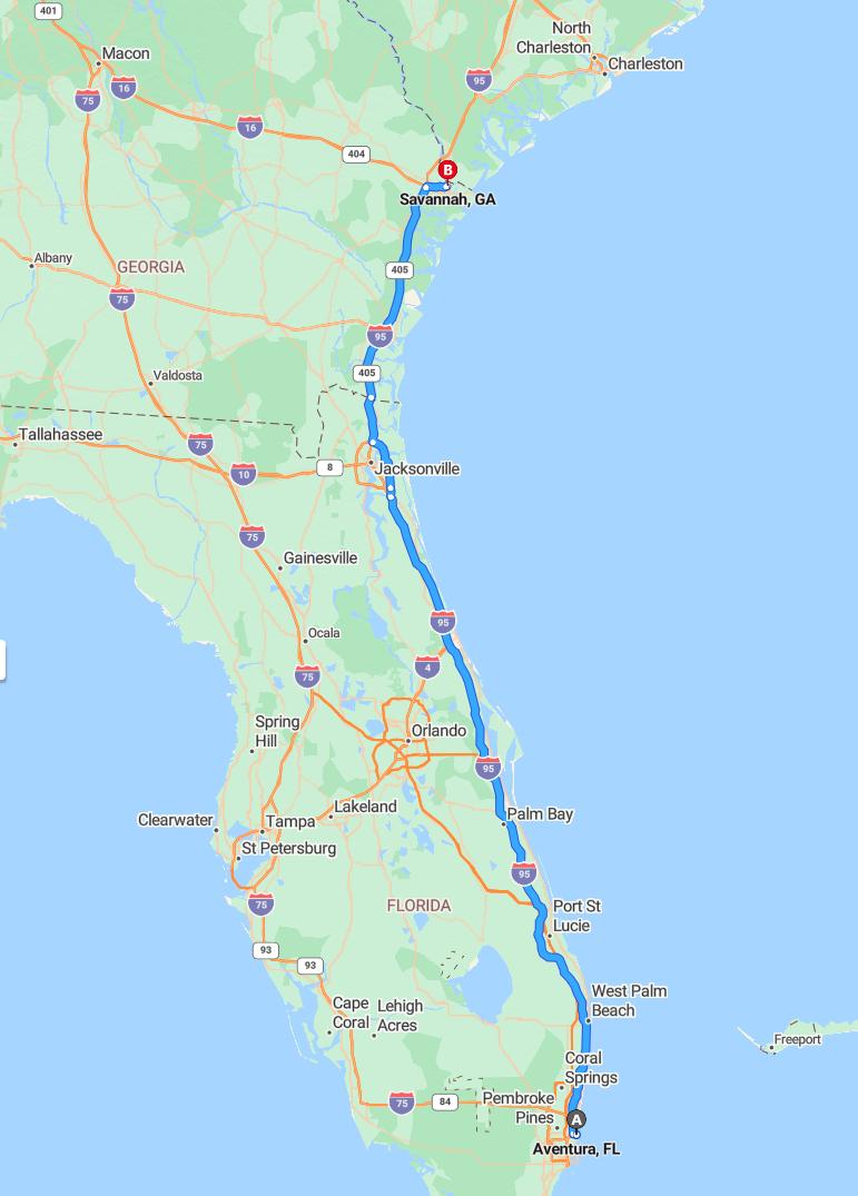 driving from Aventura, Florida to SavannahGeorgia - map and route