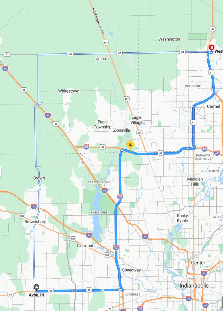 driving from Avon, Indiana to WestfieldIndiana - map and route
