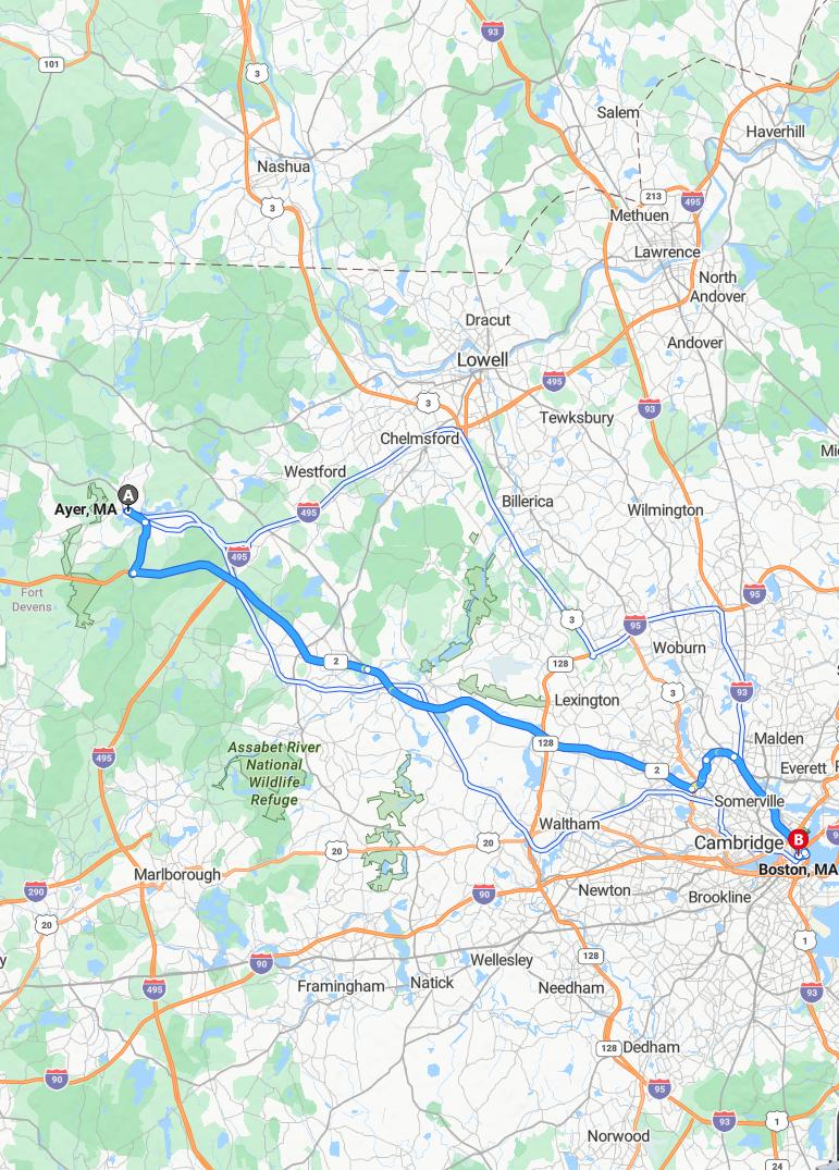 driving from Ayer, Massachusetts to BostonMassachusetts - map and route