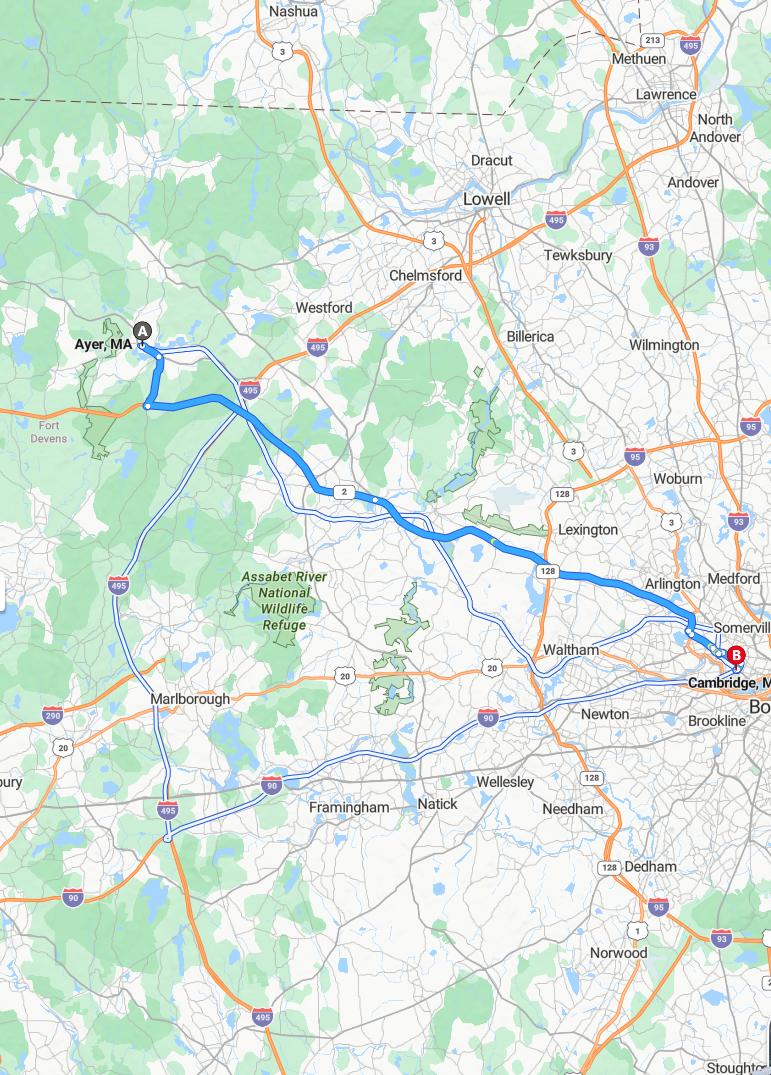 driving from Ayer, Massachusetts to CambridgeMassachusetts - map and route