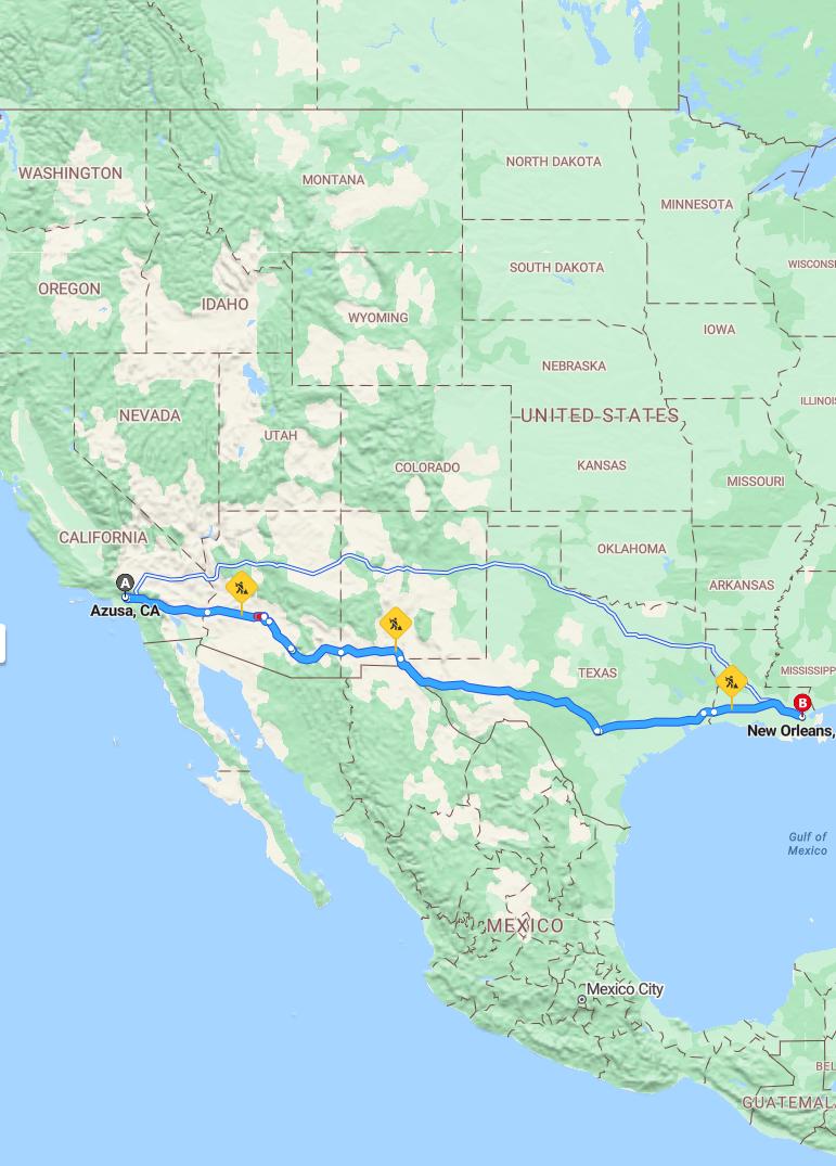 driving from Azusa, California to New OrleansLouisiana - map and route