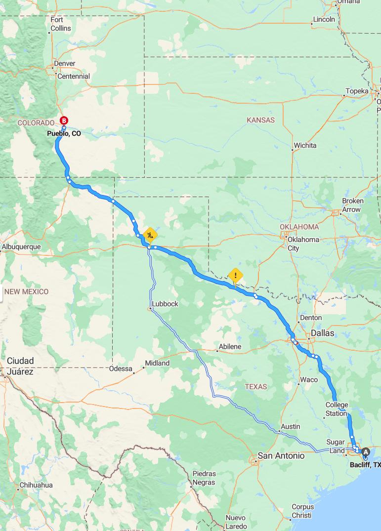 driving from Bacliff, Texas to PuebloColorado - map and route
