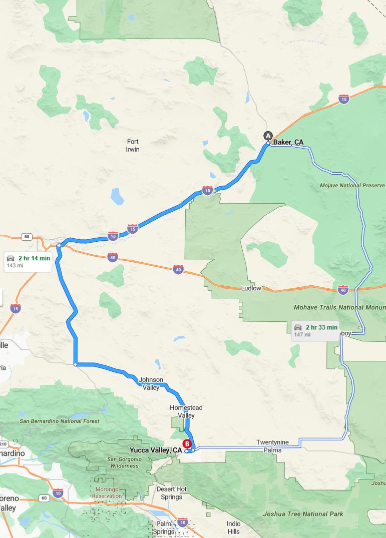 driving from Baker, California to Yucca ValleyCalifornia - map and route