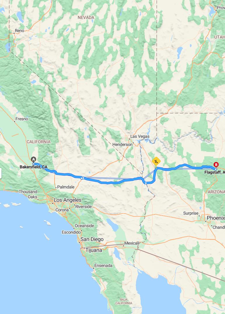 driving from Bakersfield, California to FlagstaffArizona - map and route