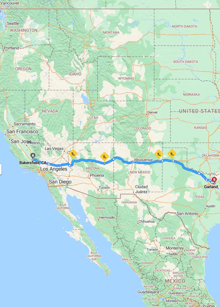 driving from Bakersfield, California to GarlandTexas - map and route