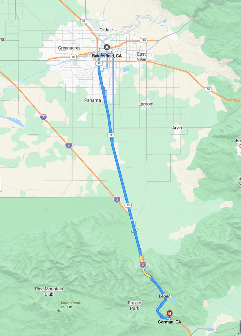 driving from Bakersfield, California to GormanCalifornia - map and route