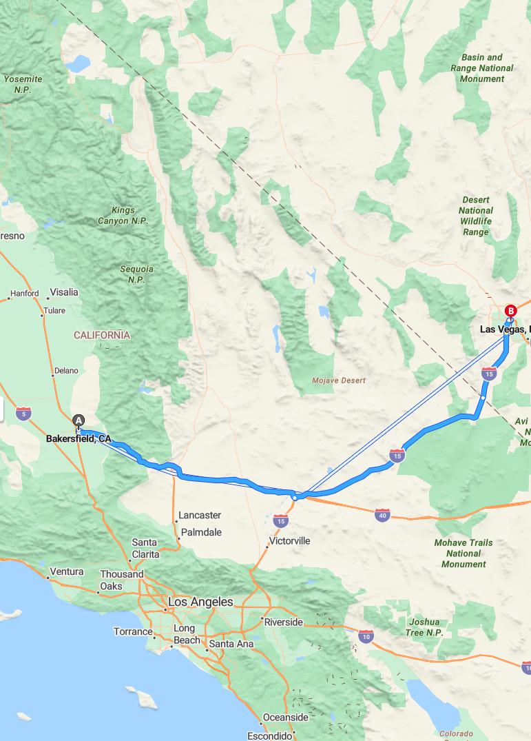 driving from Bakersfield, California to Las VegasNevada - map and route