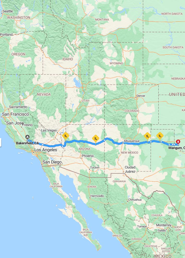driving from Bakersfield, California to MangumOklahoma - map and route