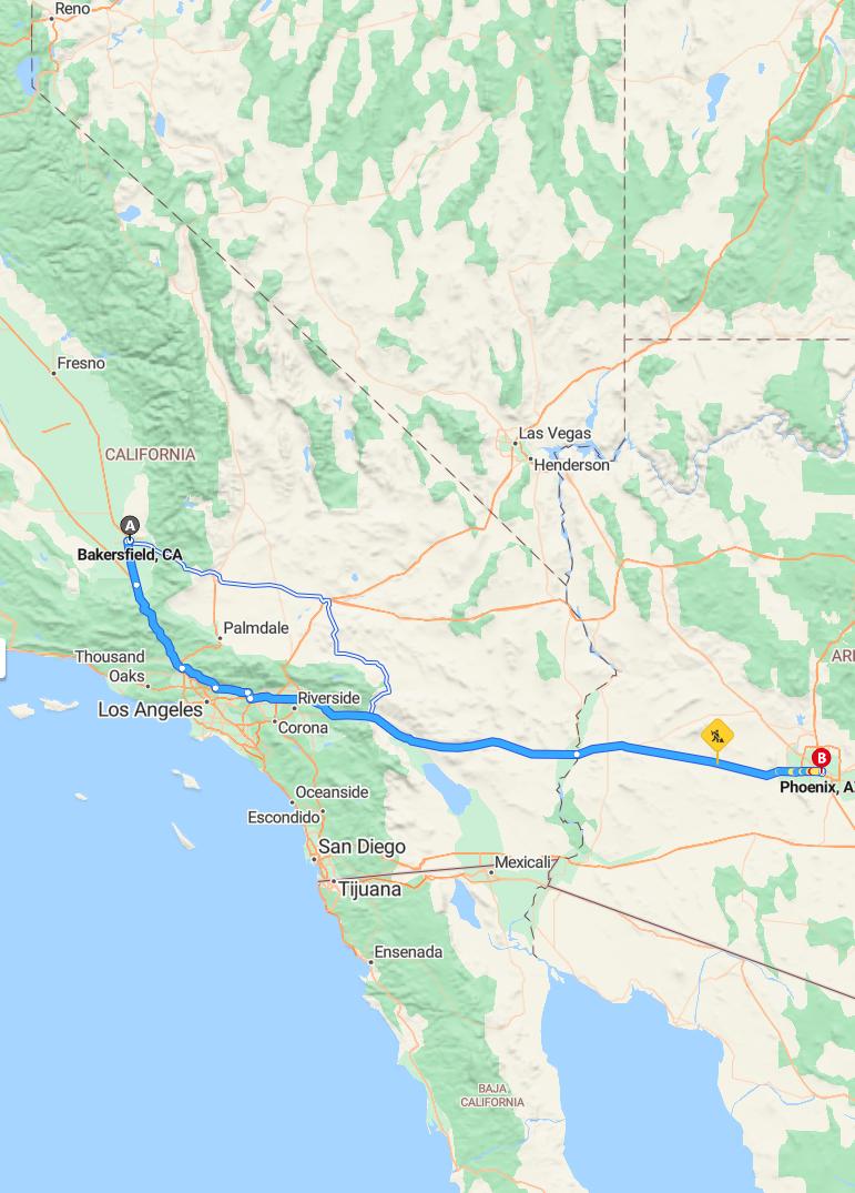 driving from Bakersfield, California to PhoenixArizona - map and route