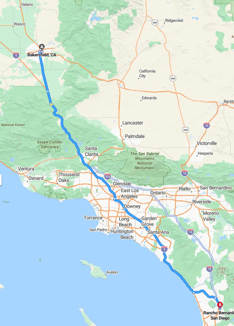 driving from Bakersfield, California to Rancho BernardoCalifornia - map and route