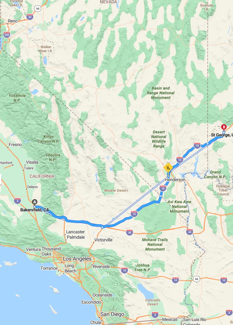 driving from Bakersfield, California to St. GeorgeUtah - map and route